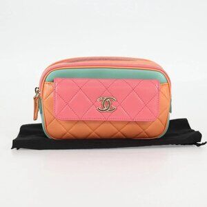 CHANEL Matelasse Chain Waist bag Leather Pink Gold CC Auth
